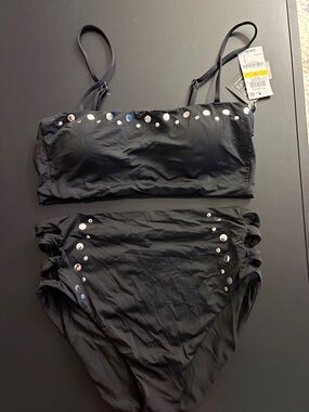 Bar III Black Studded Bandeau High-Waist Bikini